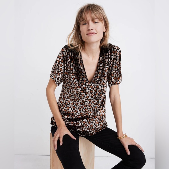 Madewell Tops - Like New Madewell Velvet Tulip-Sleeve Ruffle Top in Petite Bloom